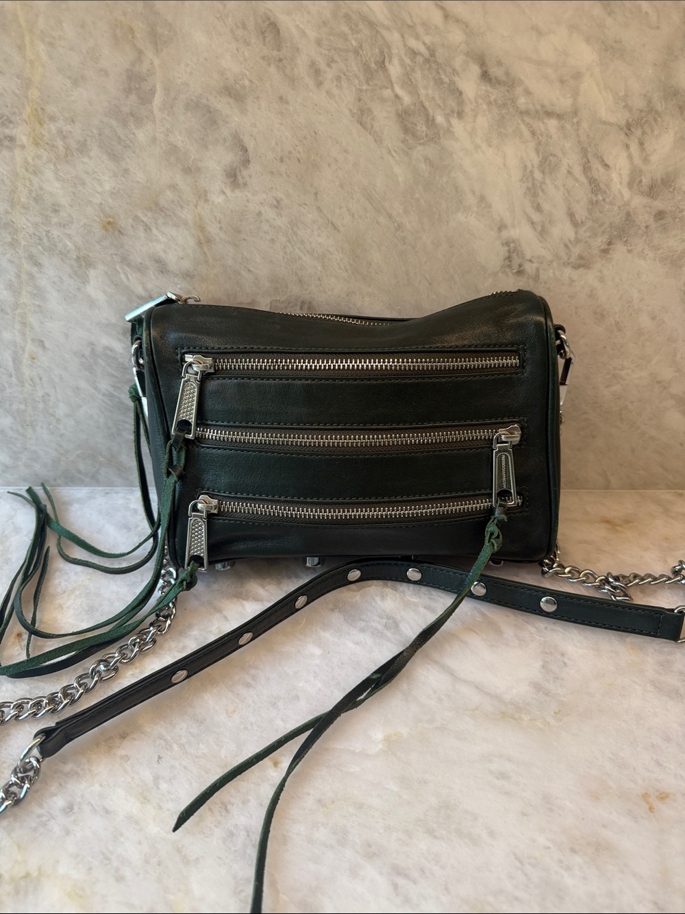Rebecca Minkoff, mini 5 zip Crossbody Bag in Dark Green, Silver Hardware.